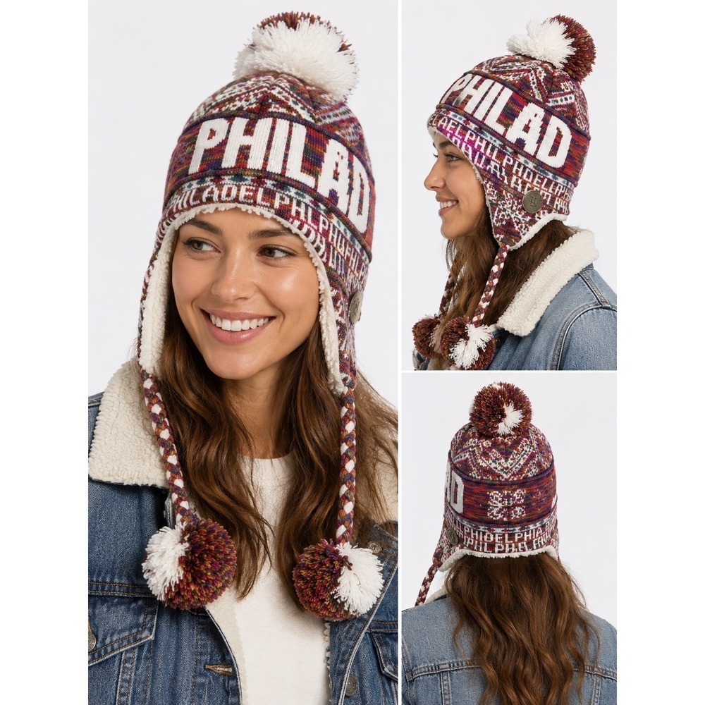 Robin Ruth Philadelphia Philly Earflap Pom Pom Knit Beanie Hat NWT